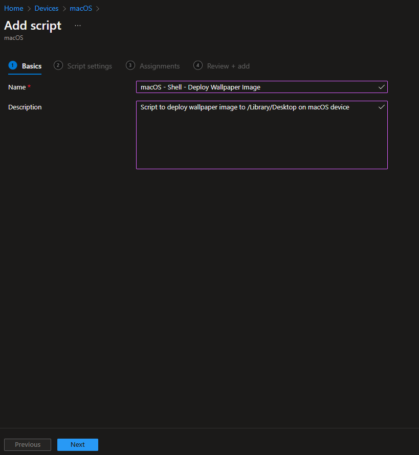 Intune macOS Scripts page – Add script
